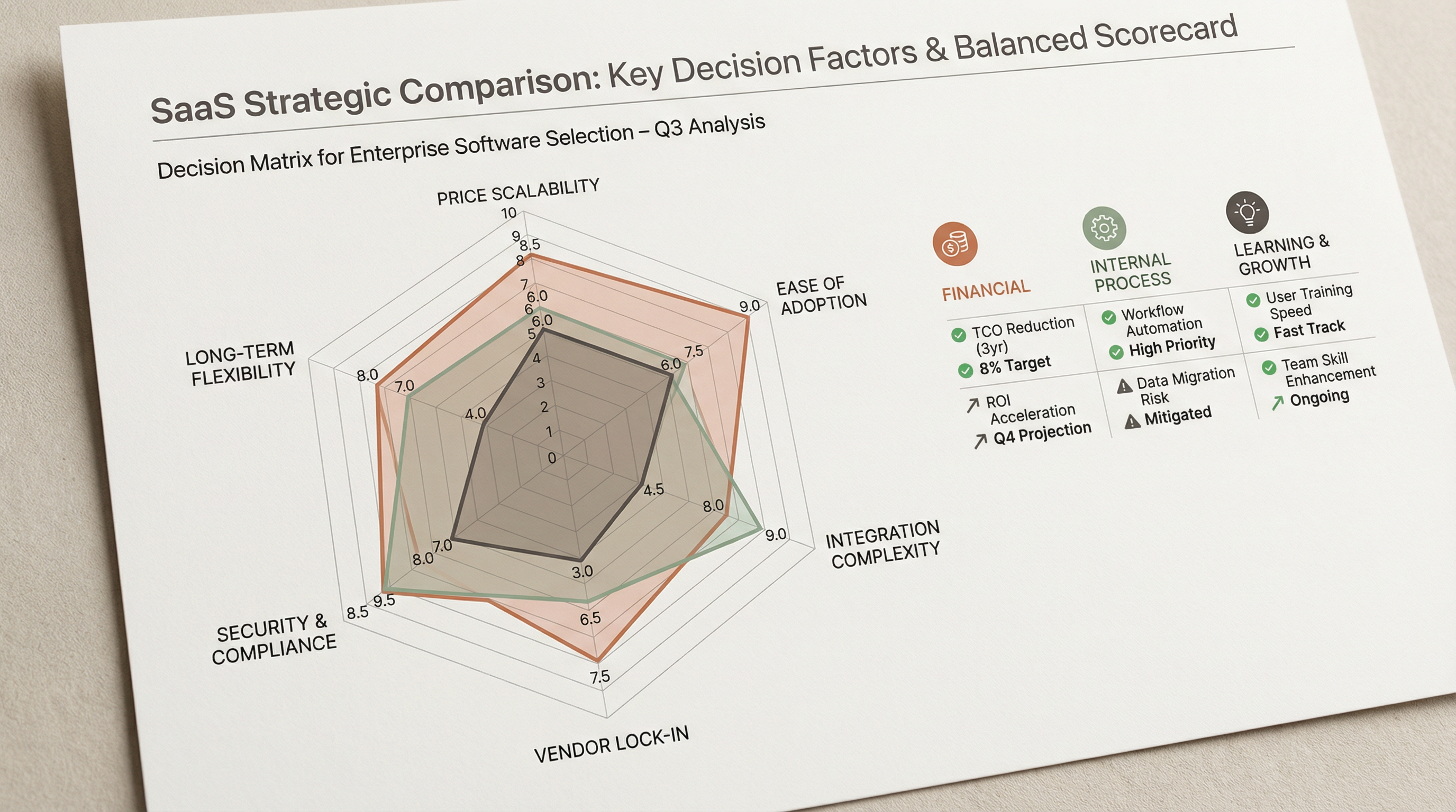 SaaS Decision Matrix Radar Chart comparing Price Scalability, Ease of Adoption, Integration Complexity, and Lock-in Risk